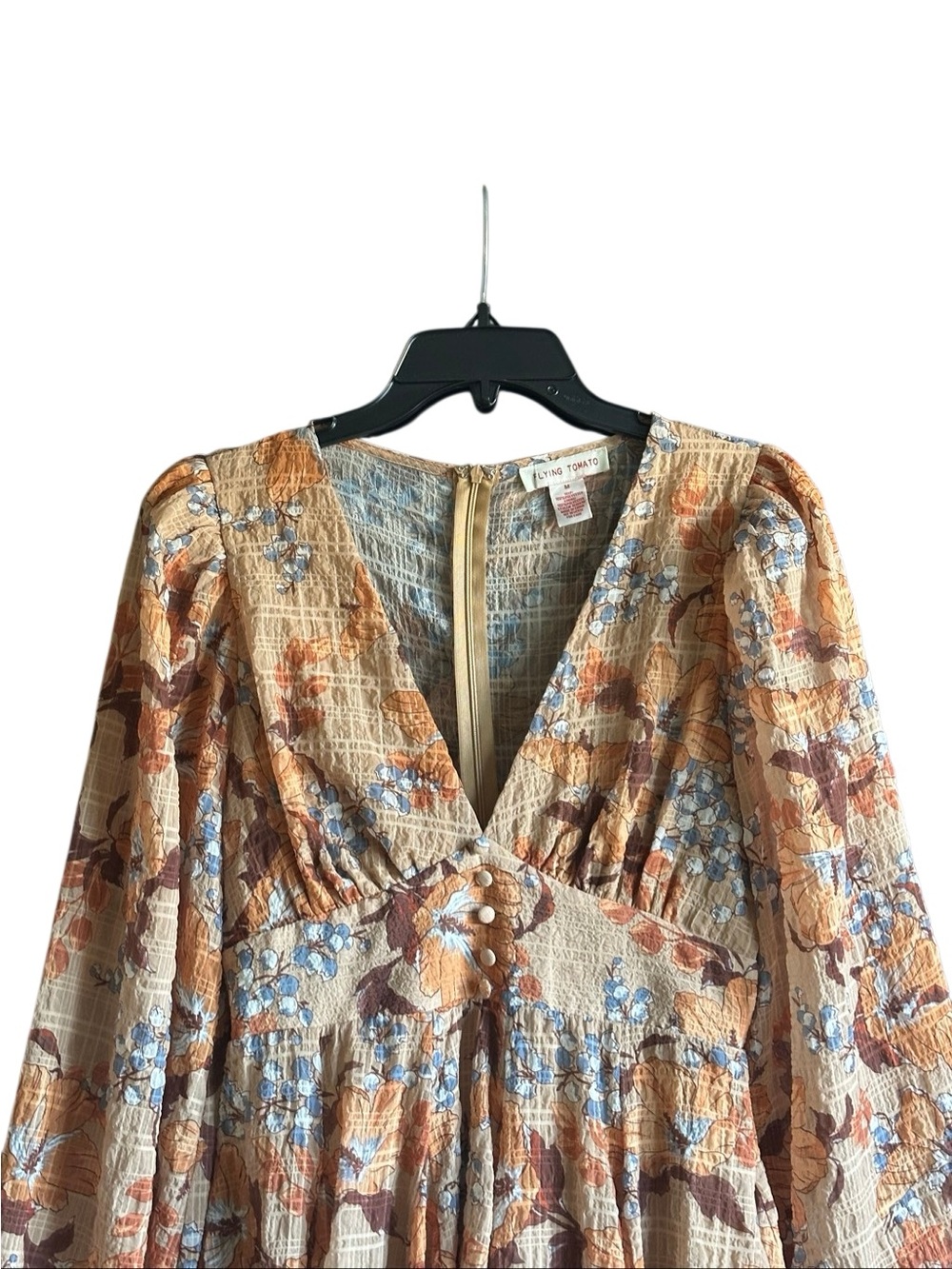 Flying Tomato Beige Floral V-Neck Puff Long Sleeve Mini Dress Zip Size Medium - Picture 6 of 12